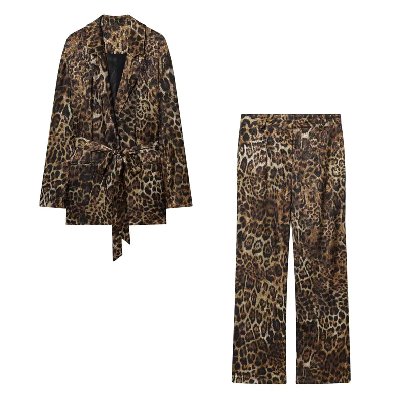 Dame buksesæt med leopardmønster og lang blazer – Leorisse