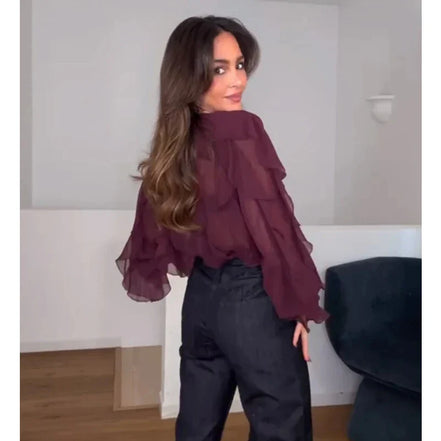 Dame chiffonbluse med V-hals og flæser – Elvoria