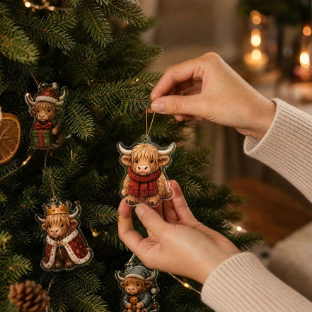 Adventný kalendár Highland Cow s 24 akrylovými vianočnými ozdobami - Highlandora