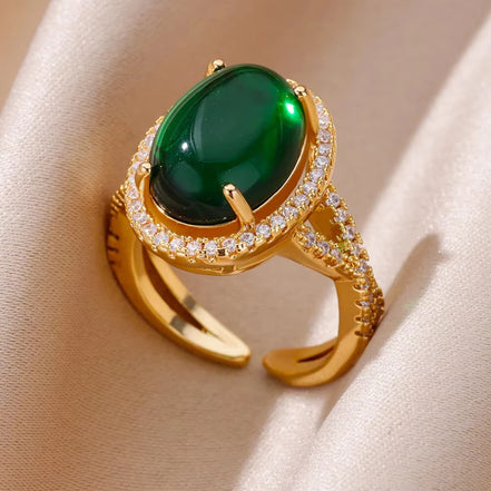 Verlina ring – Justerbar ring i rustfrit stål med grøn zirkon og oval form