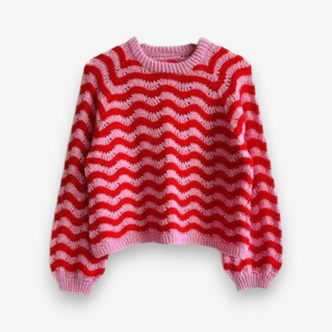 Wavira round neck sweater med bølget strik