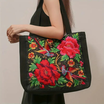 Florviana taske dame – tote taske med blomster- og fuglebroderi og håndtag