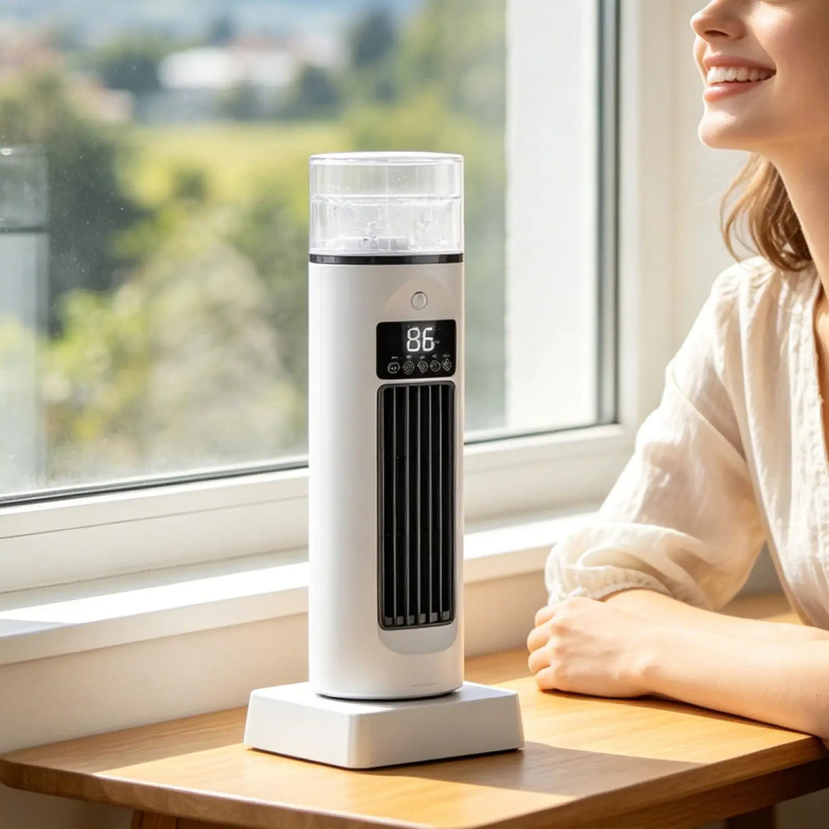 Kompaktný vežový ventilátor so 6 rýchlosťami, osciláciou a nádržkou na vodu – Aerivo