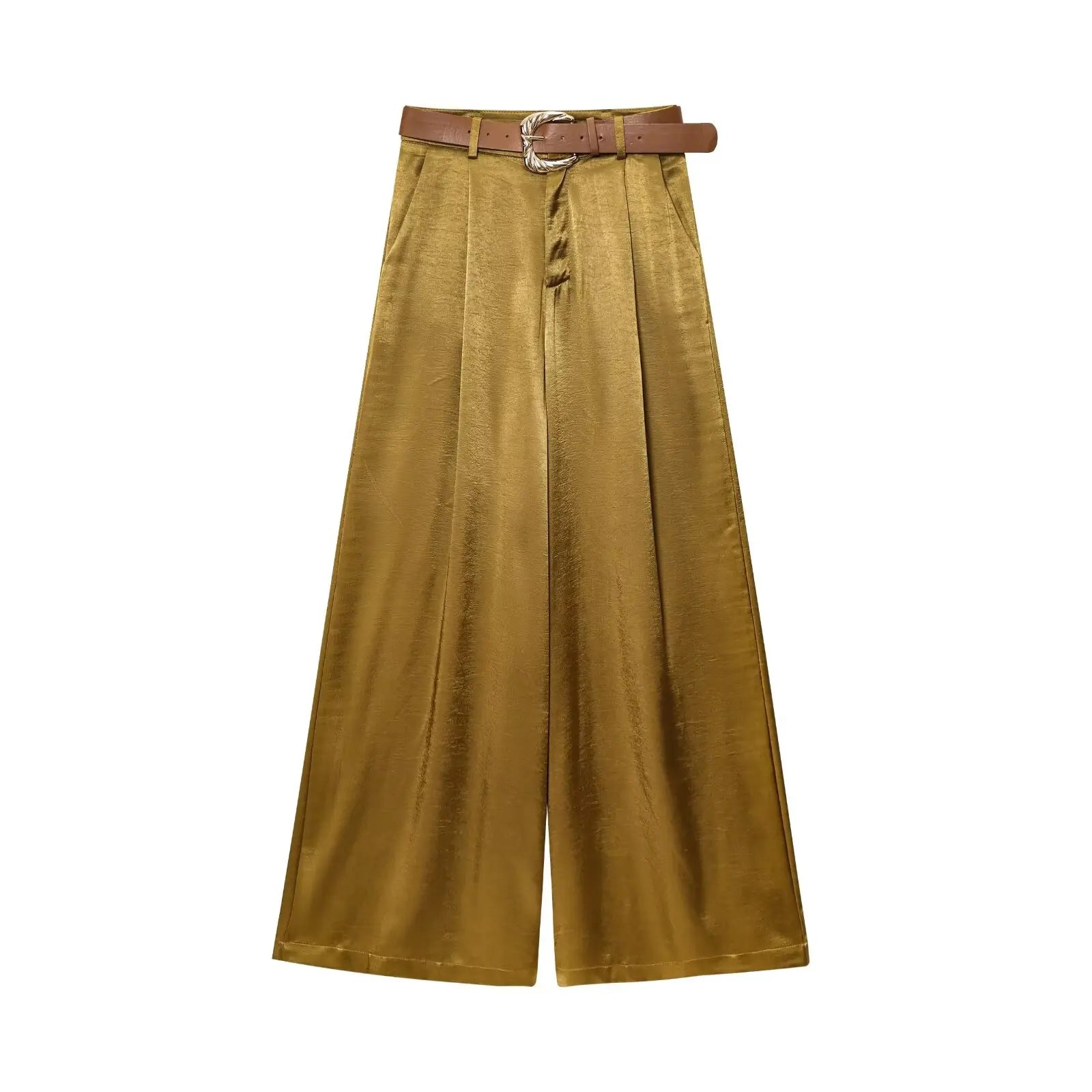 Olivina bukser – elegante vide bukser med bælte i satinlook