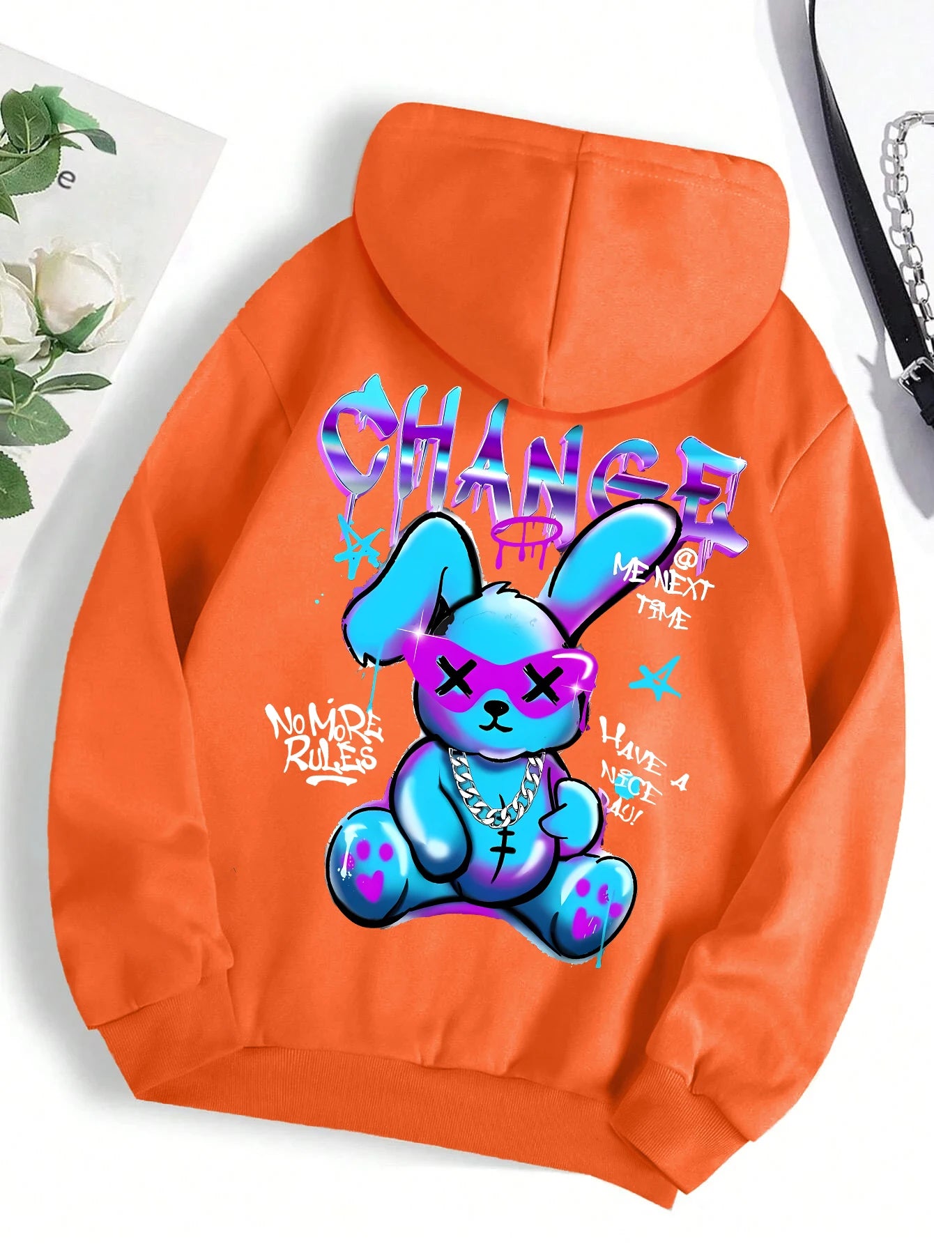 Trendy hættetrøje med kaninprint til kvinder – blød fleecepullover med afslappet pasform