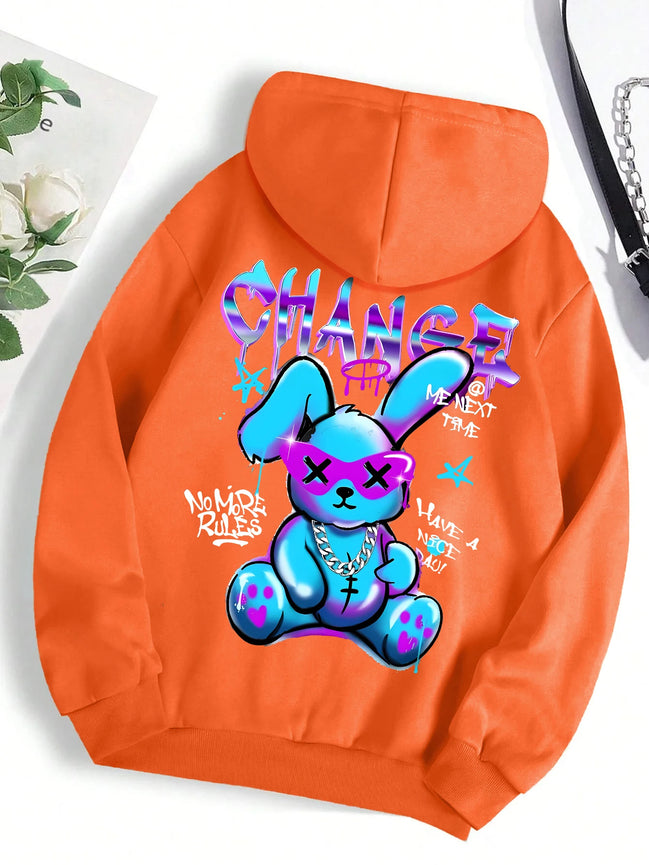 Trendy hættetrøje med kaninprint til kvinder – blød fleecepullover med afslappet pasform