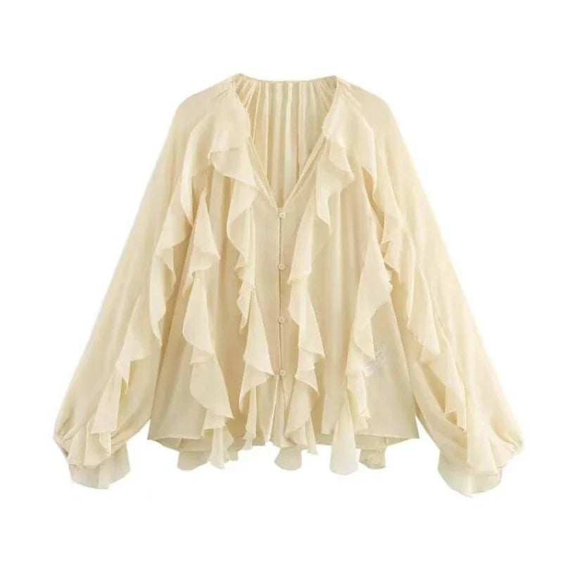 Dame chiffonbluse med V-hals og flæser – Elvoria