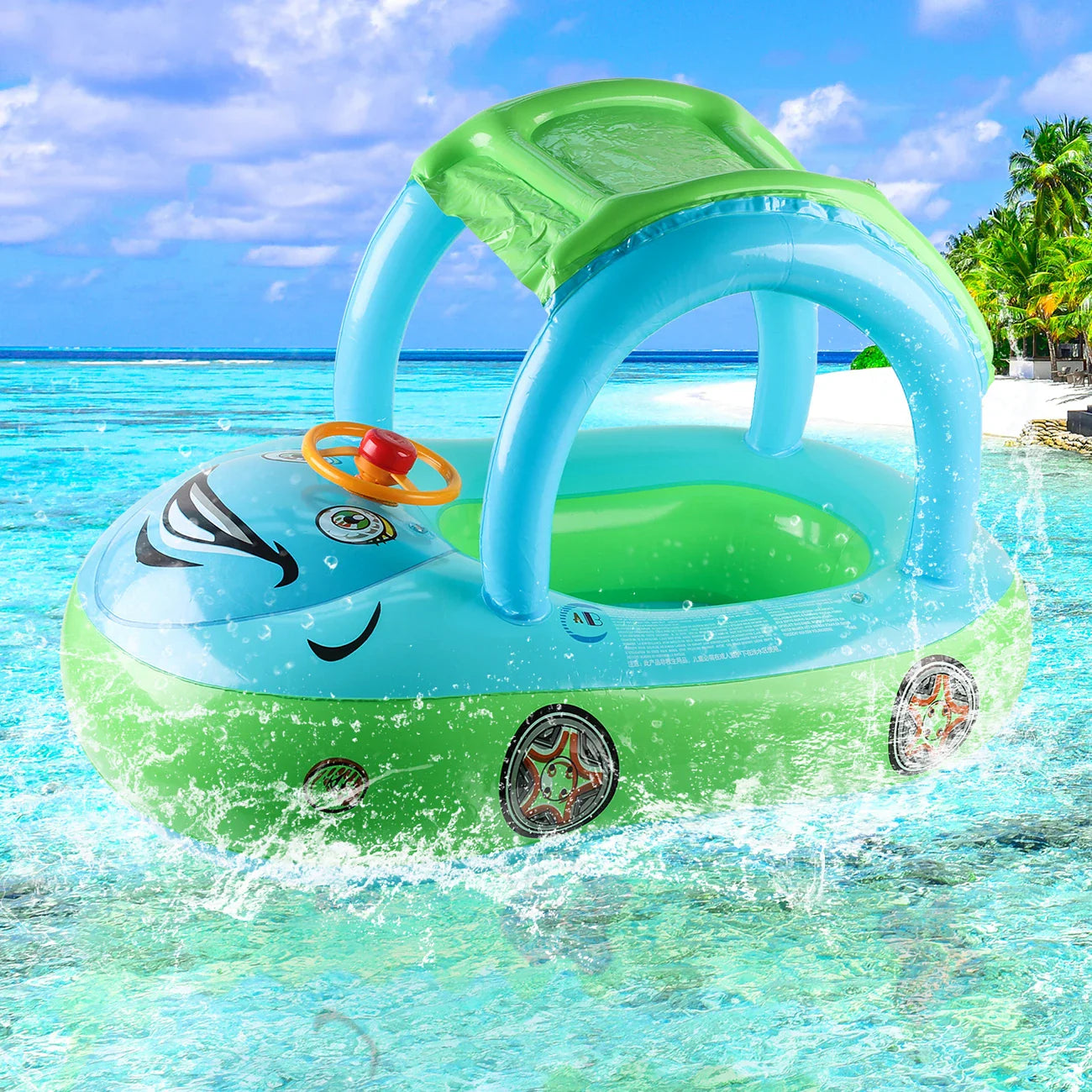 SunnyCruise oppustelig svømmering – børnebadering med soltag og bildesign