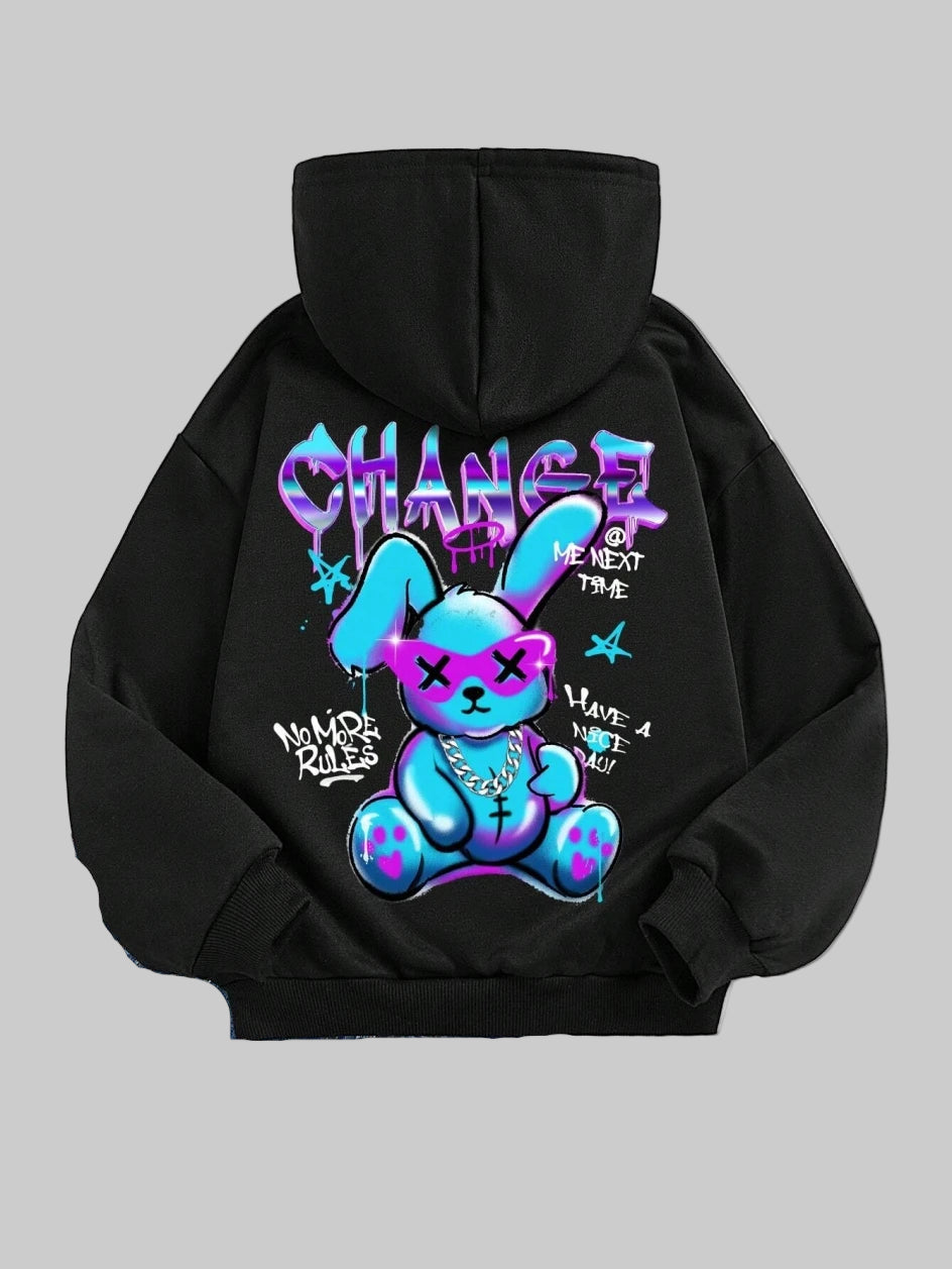 Trendy hættetrøje med kaninprint til kvinder – blød fleecepullover med afslappet pasform