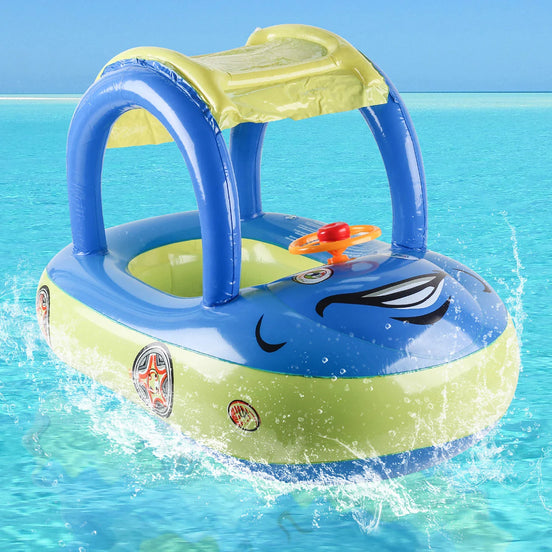 SunnyCruise nadmuchiwana dmuchawka do pływania – dmuchany koło dla dzieci z daszkiem przeciwsłonecznym i motywem samochodu