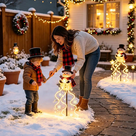 Solcelledrevet julehavedekoration med snemand og LED-lys – Snowelvia