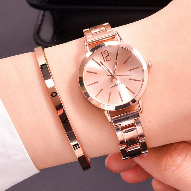 Elvara Duo armbåndsur sæt til kvinder med kvartsurværk og stållænke