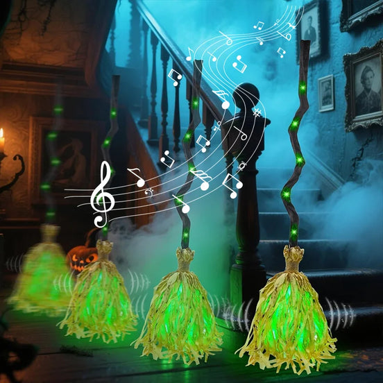 Pohyblivé čarodějnické koště se světlem a smíchem na Halloween – Hexavora