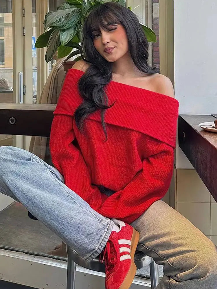 Vandara off-shoulder strikbluse til kvinder – langærmet pullover i kraftig strik