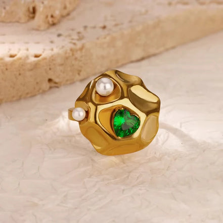 Verlina ring – Justerbar ring i rustfrit stål med grøn zirkon og oval form