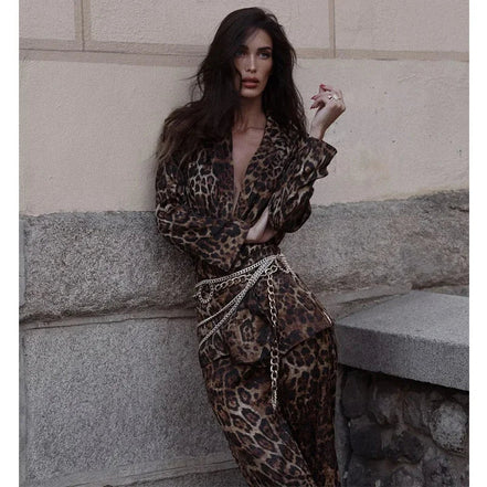 Dame buksesæt med leopardmønster og lang blazer – Leorisse