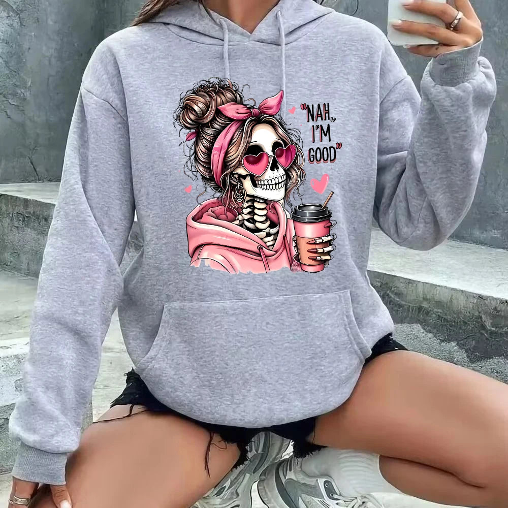 hættetrøje med kranieprint – unisex trøje med fleecefor