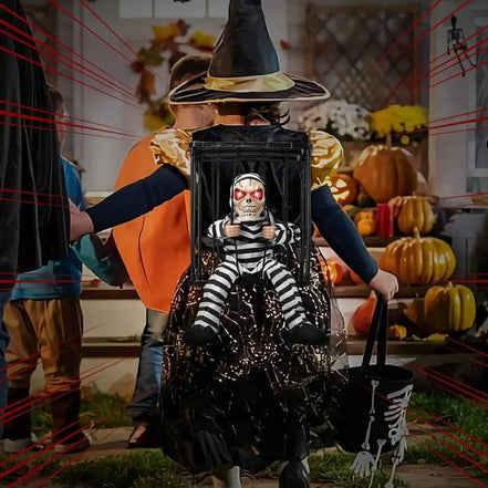 Halloweenová kostra v kleci s pohybovým senzorem a zvukem – Morvex