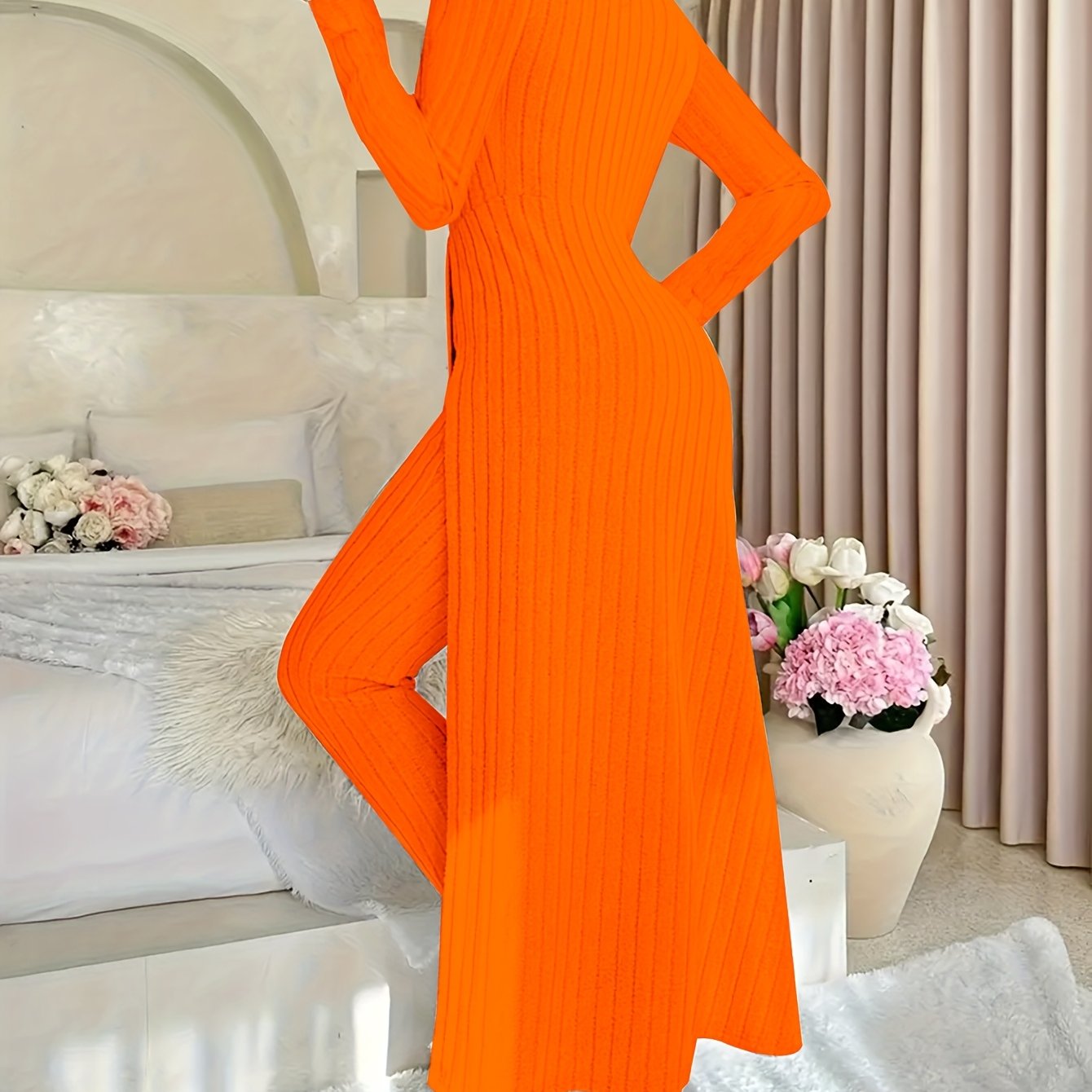 Plaid Two-Piece Sæt – Rundhalset Top med Slids & Matchende Bukser