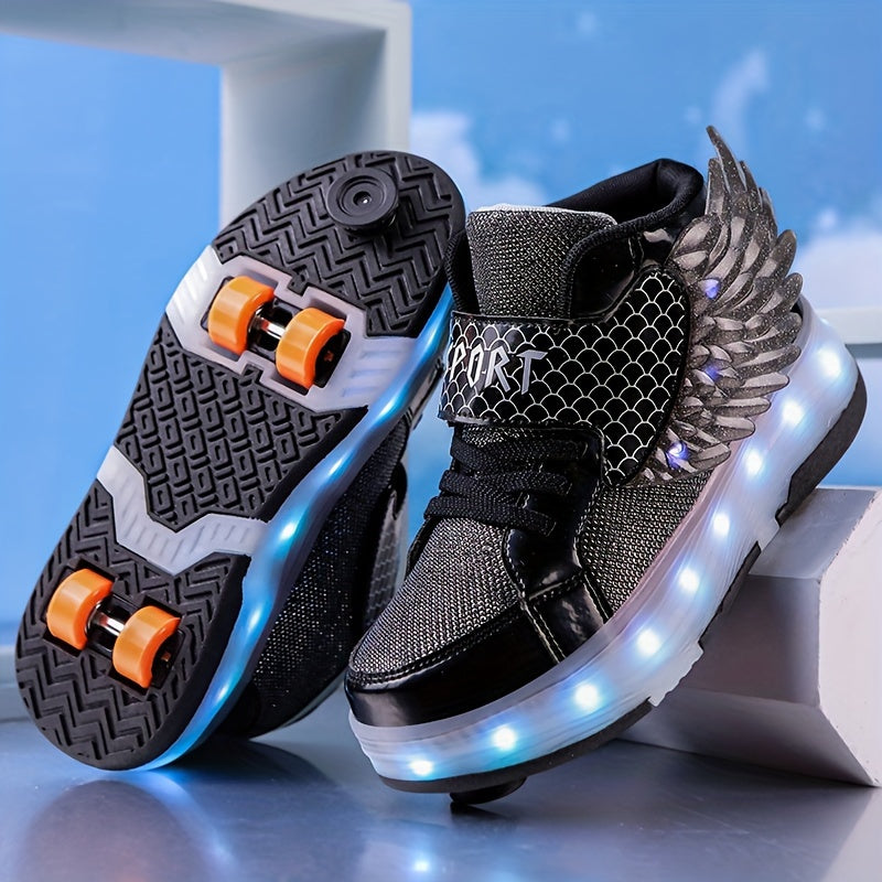 GlowSkate USB oplaadbare rolschaats sneakers met licht en vleugels – kleurrijke en comfortabele sneakers voor meisjes en tieners, ideaal voor plezier, buitenactiviteiten en avondritten.