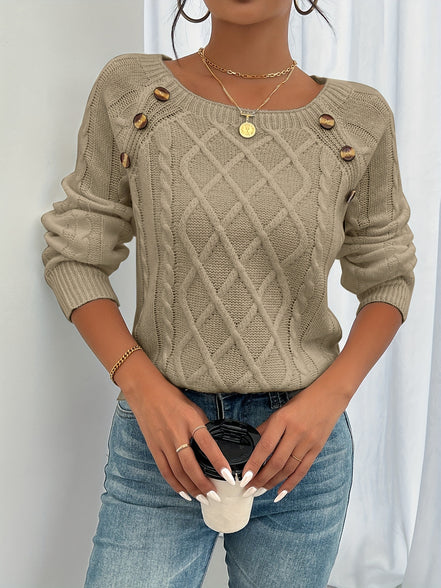 Ravella Strikbluse – Kvinde Sweater med Knapper og Firkantet Halsudskæring