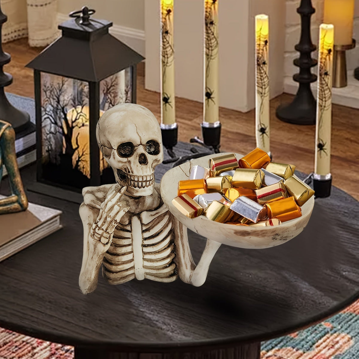 Kostlivec s miskou na sladkosti a halloweensku výzdobu – Mortavia