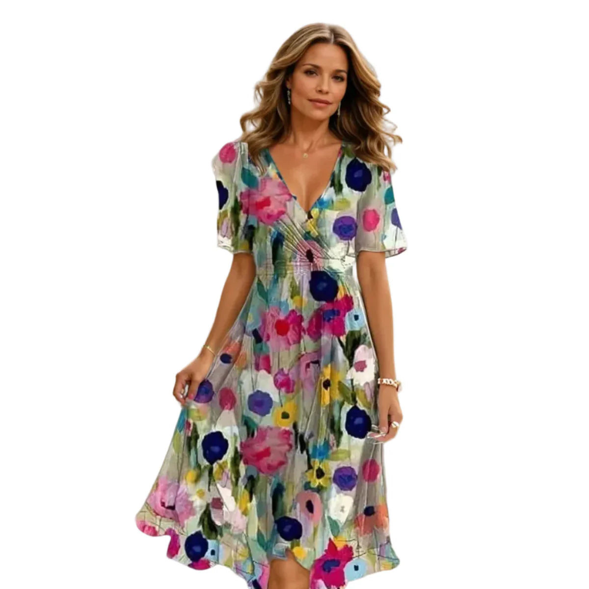 Sommerkjole med V-udskæring og korte ærmer i midi længde – let kjole til hverdag og arrangementer – Avirel