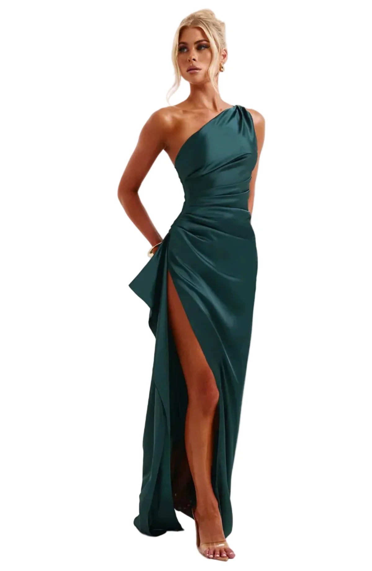 Plisseret satin kjole med split og one shoulder design – kjole til fest og aftenbrug – Silvéra