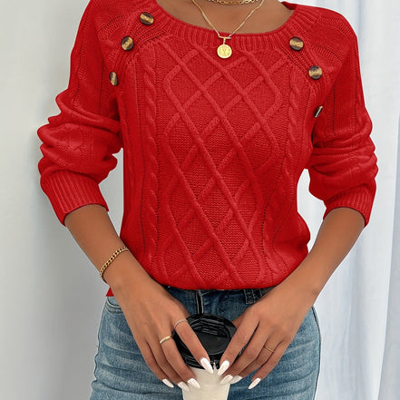 Ravella Strikbluse – Kvinde Sweater med Knapper og Firkantet Halsudskæring