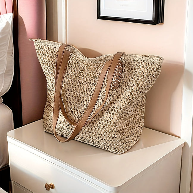 Ravelle Woven Tote – flettet taske med lynlåslukning