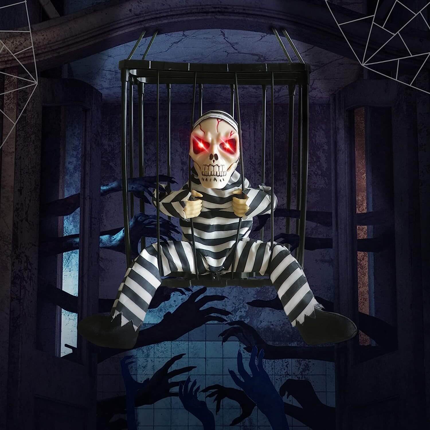Halloweenová kostra v kleci s pohybovým senzorem a zvukem – Morvex