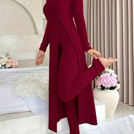 Plaid Two-Piece Sæt – Rundhalset Top med Slids & Matchende Bukser