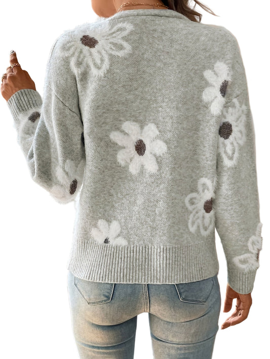 Daisy knit cardigan – blomstermønstret strik med V-udskæring