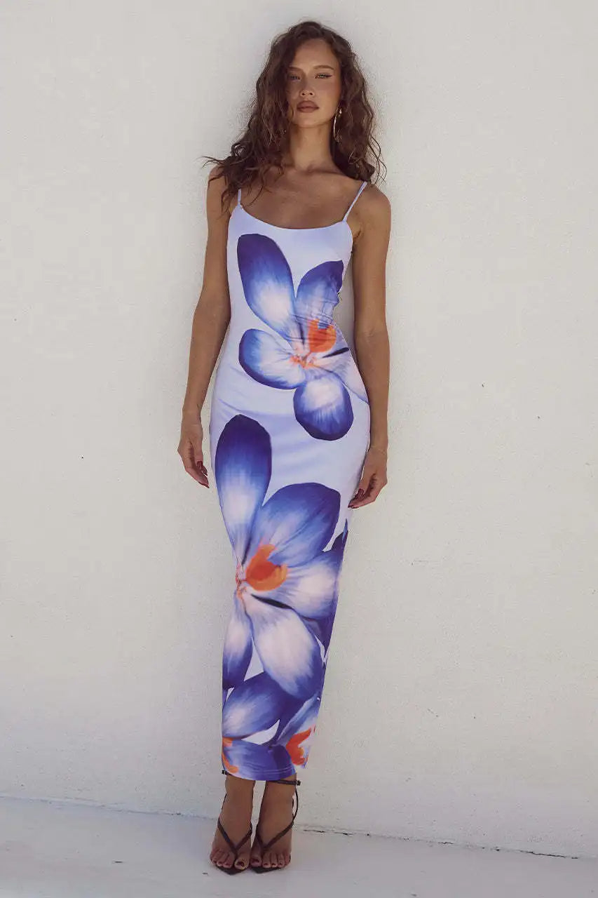 Floréa dame maxikjole – blomsterkjole med spaghettistropper og bodycon pasform