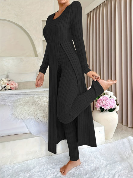 Plaid Two-Piece Sæt – Rundhalset Top med Slids & Matchende Bukser