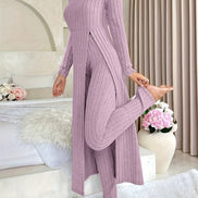Plaid Two-Piece Sæt – Rundhalset Top med Slids & Matchende Bukser