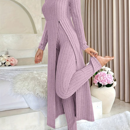 Plaid Two-Piece Sæt – Rundhalset Top med Slids & Matchende Bukser