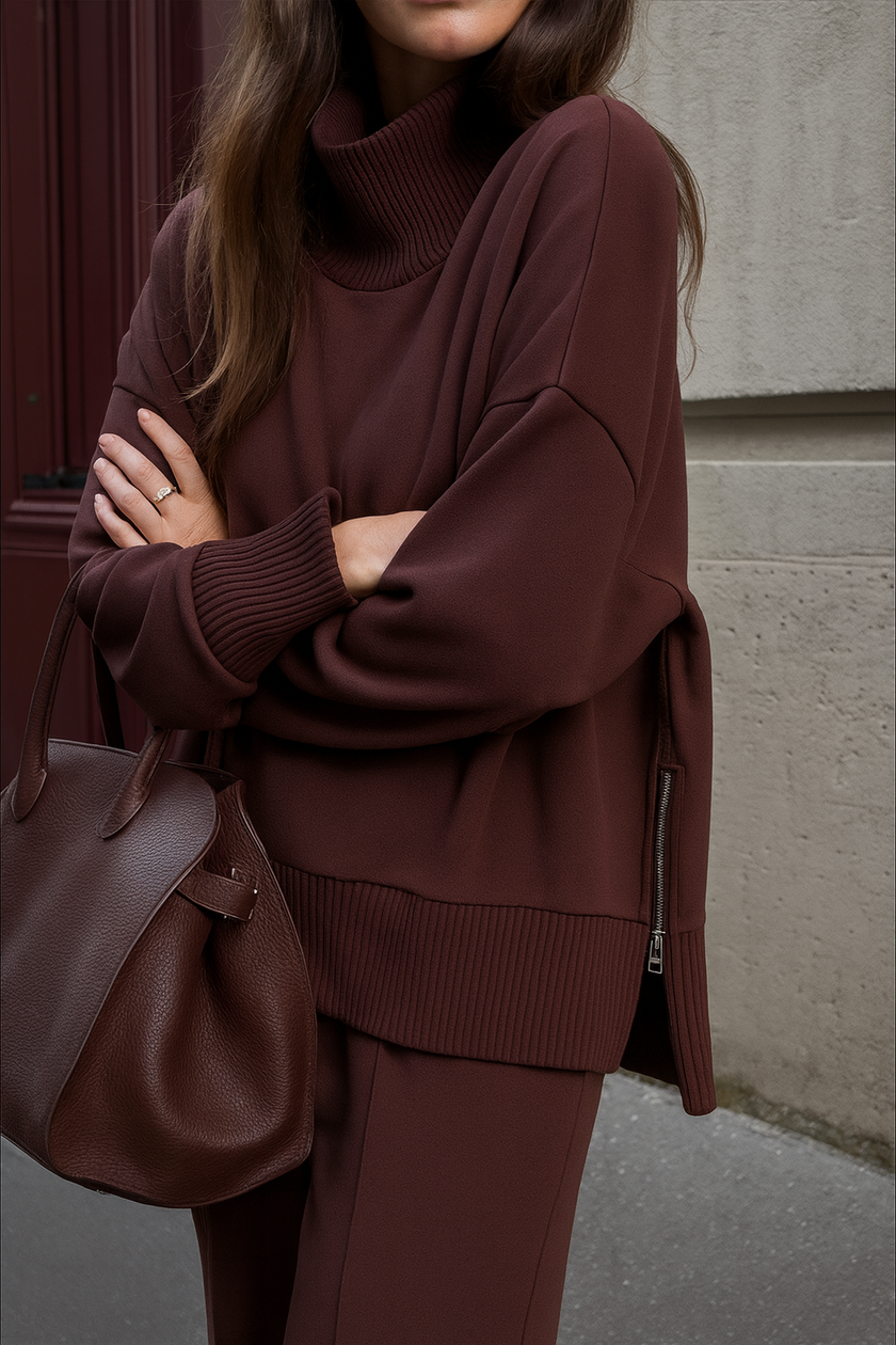 Detailfoto van tweedelig dames set in bordeauxrood met hoge kraag en lange mouwen, geschikt voor dagelijks gebruik