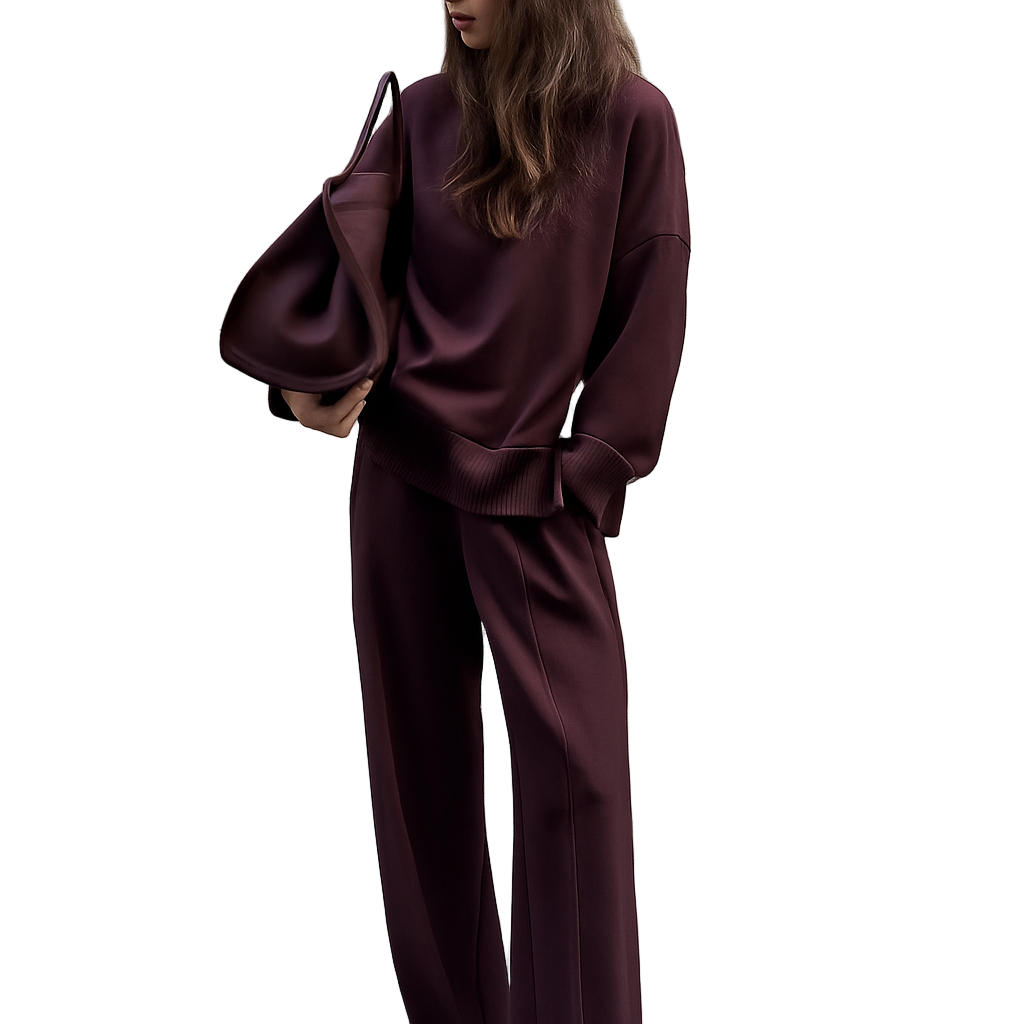 Tweedelig dames set in bordeauxrood met lange mouwen en rechte broek, geschikt voor dagelijks gebruik