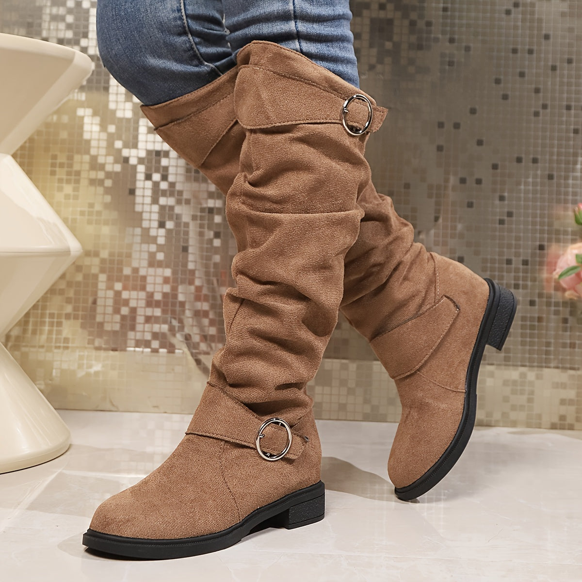 Norellia Knit High Boots – knæhøje slip-on støvler med tekstiloverdel og platformhæl