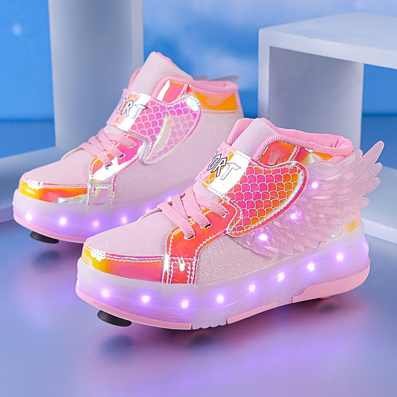 GlowSkate USB oplaadbare rolschaats sneakers met licht en vleugels – kleurrijke en comfortabele sneakers voor meisjes en tieners, ideaal voor plezier, buitenactiviteiten en avondritten.