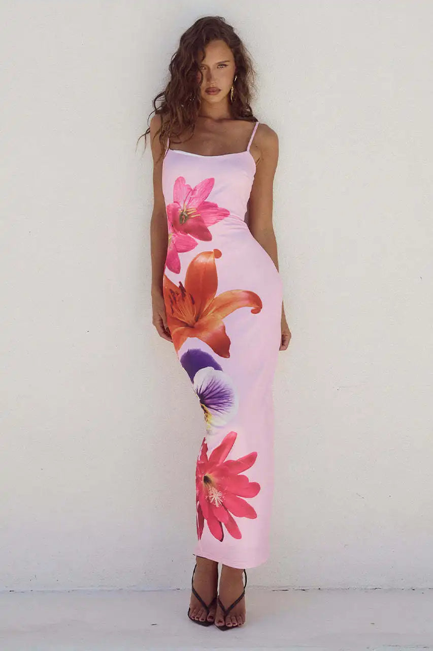 Floréa dame maxikjole – blomsterkjole med spaghettistropper og bodycon pasform