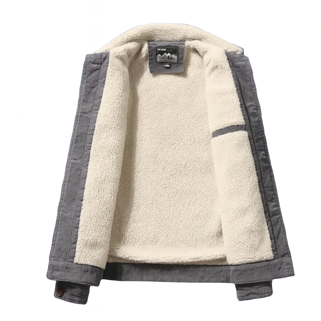 Binnenkant van heren corduroy jas met zachte fleecevoering in crème kleur