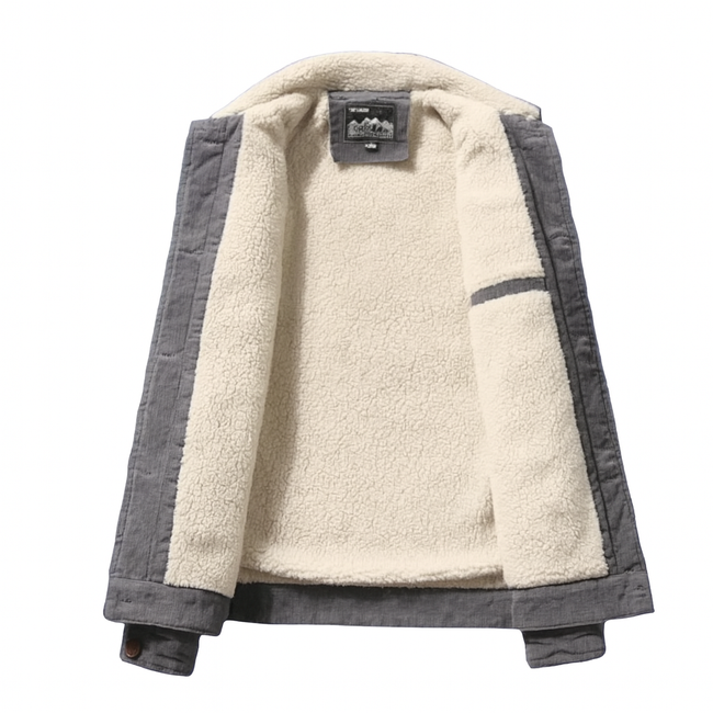 Binnenkant van heren corduroy jas met zachte fleecevoering in crème kleur