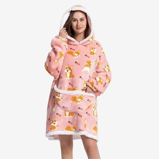 Oversized hoodie-tæppe med corgimotiv og sherpa-fleece – Corgivelle
