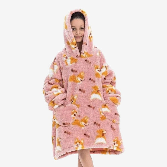 Oversized hoodie-tæppe med corgimotiv og sherpa-fleece – Corgivelle