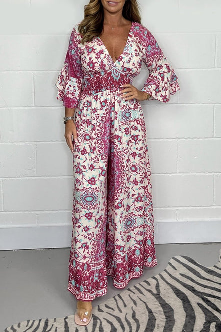 Elvéra jumpsuit – langærmet med V-udskæring og vide ben