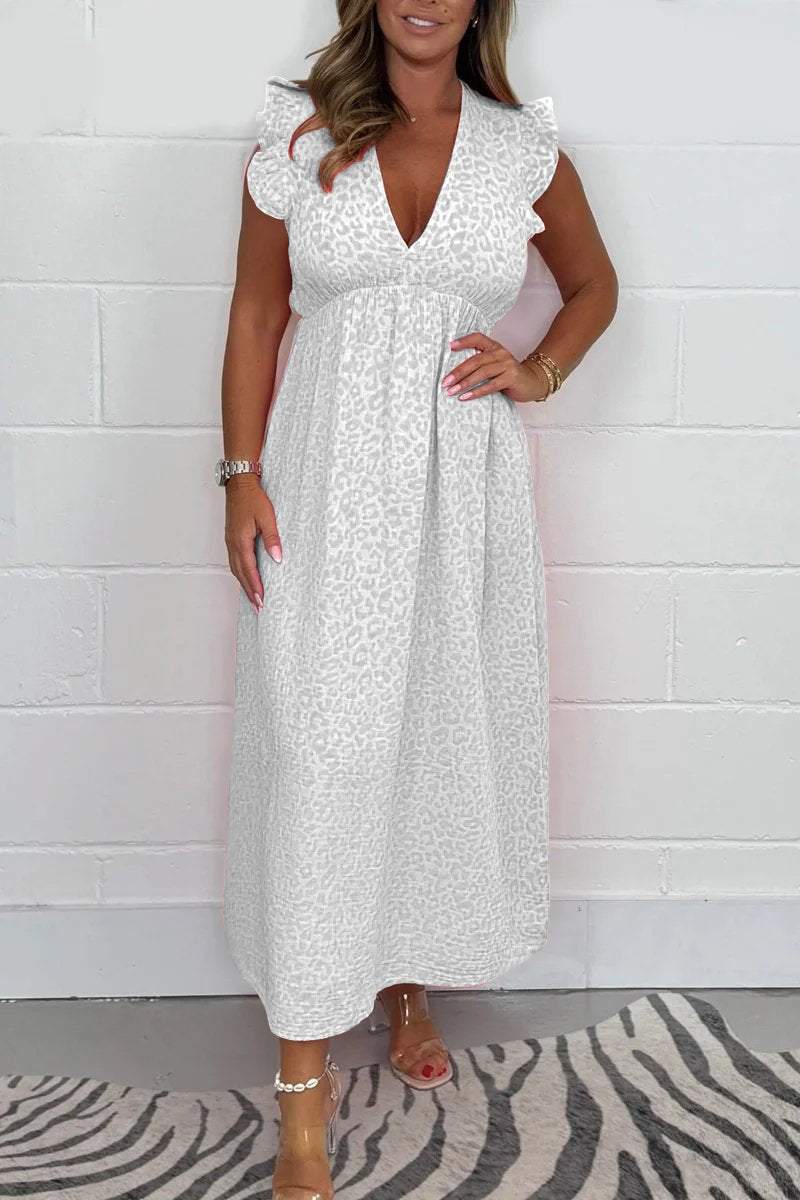 Selvara midikjole med V-hals og dyreprint