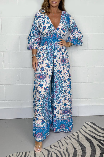 Elvéra jumpsuit – langærmet med V-udskæring og vide ben