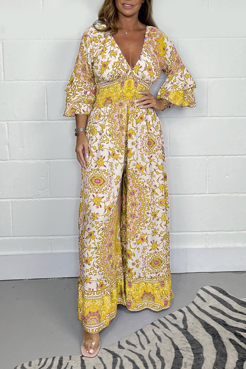 Elvéra jumpsuit – langærmet med V-udskæring og vide ben